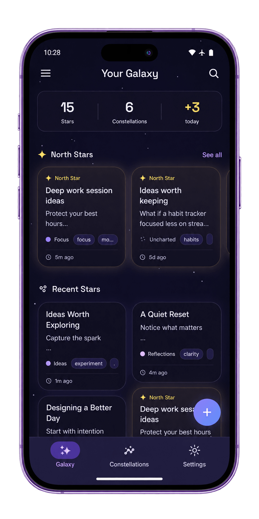 Nebula Notes Galaxy screen showing stars, constellations and recent notes